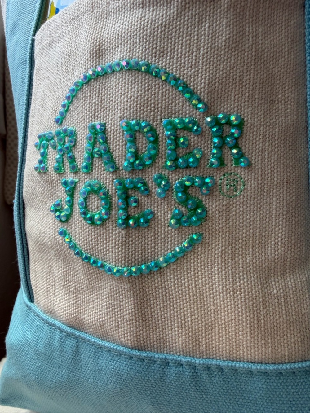 Trader Joe's  Bedazzled Limited Edition Pastel Mini Blue & Cream Canvas Tote Bag